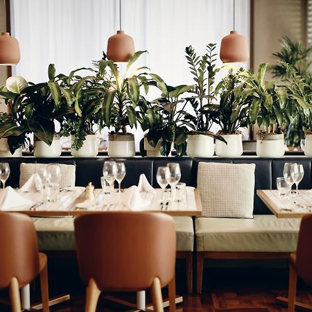 Amora Hotel Jamison Sydney Ngoại thất bức ảnh The photo shows an elegant restaurant interior. There are several tables neatly arranged, each set with glasses, white napkins, and light-colored tableware. The seating consists of brown chairs and a bench along the wall. Lush green plants are promin